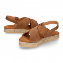 TAN Suede leather Girl sandal shoes espadrille style with crossed straps design.