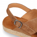 TAN Suede leather Girl sandal shoes espadrille style with crossed straps design.