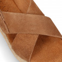 TAN Suede leather Girl sandal shoes espadrille style with crossed straps design.