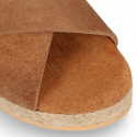 TAN Suede leather Girl sandal shoes espadrille style with crossed straps design.