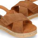 TAN Suede leather Girl sandal shoes espadrille style with crossed straps design.