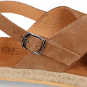 TAN Suede leather Girl sandal shoes espadrille style with crossed straps design.