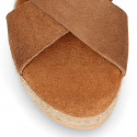 TAN Suede leather Girl sandal shoes espadrille style with crossed straps design.