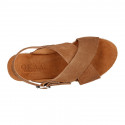 TAN Suede leather Girl sandal shoes espadrille style with crossed straps design.