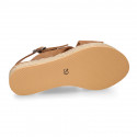 TAN Suede leather Girl sandal shoes espadrille style with crossed straps design.