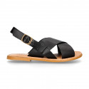 BLACK color leather Kids sandal shoes with crossed straps design.