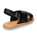 BLACK color leather Kids sandal shoes with crossed straps design.