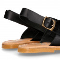 BLACK color leather Kids sandal shoes with crossed straps design.