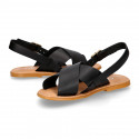 BLACK color leather Kids sandal shoes with crossed straps design.