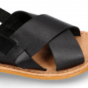 BLACK color leather Kids sandal shoes with crossed straps design.
