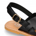 BLACK color leather Kids sandal shoes with crossed straps design.