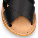 BLACK color leather Kids sandal shoes with crossed straps design.