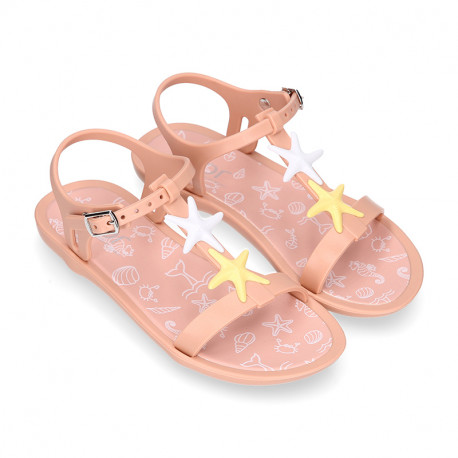 Girl Jelly shoes T-Strap sandal style with STARFISH design in pink color.