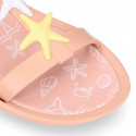 Girl Jelly shoes T-Strap sandal style with STARFISH design in pink color.