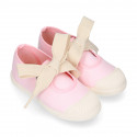 Girl Cotton canvas Mary Jane shoes ANGEL style with toe cap and Vichy ties closure.