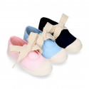 Girl Cotton canvas Mary Jane shoes ANGEL style with toe cap and Vichy ties closure.