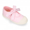 Girl Cotton canvas Mary Jane shoes ANGEL style with toe cap and Vichy ties closure.