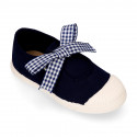 Girl Cotton canvas Mary Jane shoes ANGEL style with toe cap and Vichy ties closure.