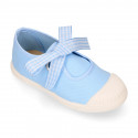 Girl Cotton canvas Mary Jane shoes ANGEL style with toe cap and Vichy ties closure.