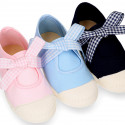 Girl Cotton canvas Mary Jane shoes ANGEL style with toe cap and Vichy ties closure.