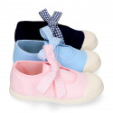 Girl Cotton canvas Mary Jane shoes ANGEL style with toe cap and Vichy ties closure.