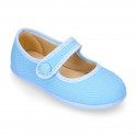 Cotton Canvas Merceditas or Mary Jane style shoes with hook and loop strap and button.