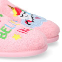 UNICORNS print design Terry cloth Home shoes with elastic strap.