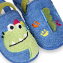 DINOSAUR print design Terry cloth Kids Home shoes with elastic strap.