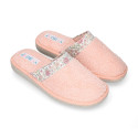 Terry cloth Girl Home shoes combined with FLOWERS with open heel design.