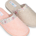 Terry cloth Girl Home shoes combined with FLOWERS with open heel design.