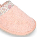 Terry cloth Girl Home shoes combined with FLOWERS with open heel design.