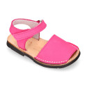 NOBUCK leather Menorquina sandals with flexible outsole and hook and loop strap.