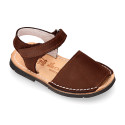 NOBUCK leather Menorquina sandals with flexible outsole and hook and loop strap.