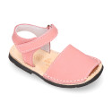 NOBUCK leather Menorquina sandals with flexible outsole and hook and loop strap.
