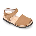 NOBUCK leather Menorquina sandals with flexible outsole and hook and loop strap.