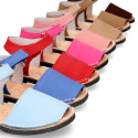 NOBUCK leather Menorquina sandals with flexible outsole and hook and loop strap.