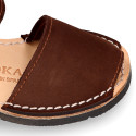 NOBUCK leather Menorquina sandals with flexible outsole and hook and loop strap.