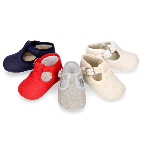 LINEN canvas little T-strap shoes for babies.