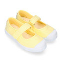 Cotton canvas Mary Janes Bamba type shoes in seasonal colors with hook and loop strap and toe cap.