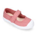 Cotton canvas Mary Janes Bamba type shoes in seasonal colors with hook and loop strap and toe cap.