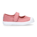 Cotton canvas Mary Janes Bamba type shoes in seasonal colors with hook and loop strap and toe cap.