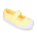 Cotton canvas Mary Janes Bamba type shoes in seasonal colors with hook and loop strap and toe cap.