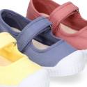 Cotton canvas Mary Janes Bamba type shoes in seasonal colors with hook and loop strap and toe cap.