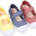 Cotton canvas Mary Janes Bamba type shoes in seasonal colors with hook and loop strap and toe cap.