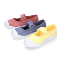 Cotton canvas Mary Janes Bamba type shoes in seasonal colors with hook and loop strap and toe cap.