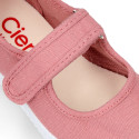 Cotton canvas Mary Janes Bamba type shoes in seasonal colors with hook and loop strap and toe cap.