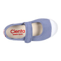 Cotton canvas Mary Janes Bamba type shoes in seasonal colors with hook and loop strap and toe cap.