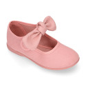 Cotton canvas Girl Mary Jane shoes with hook and loop strap and big bow design.