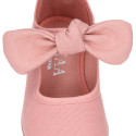 Cotton canvas Girl Mary Jane shoes with hook and loop strap and big bow design.