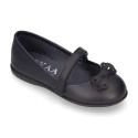 OKAA girl School shoes Mary Jane style with hook and loop strap and bow in washable leather.